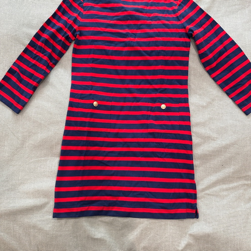 NEW J. Crew Red and Blue Striped Long Sleeve Dress XS & gold buttons